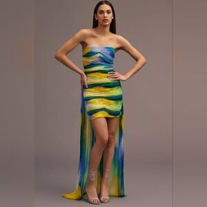 Anthropologie Vineet Bahl Watercolor Mini Dress w sheer Train Cocktail Party M